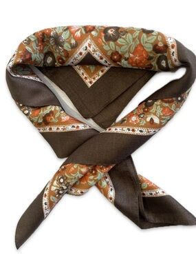 Vintage Silk-Blend Brown & Orange Floral Square Scarf